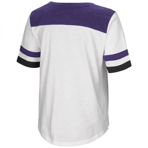 Northwestern University Wildcats Colosseum Ladies White/Purple Show Me The Money S/S T-Shirt with N-Cat Design-Back