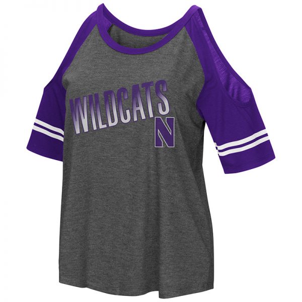 Northwestern University Wildcats Colosseum Ladies Heather Charcoal/Purple Maguire Cold Shoulder T-Shirt with Stylized N Design