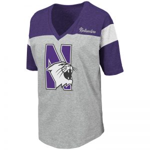 Northwestern University Wildcats Colosseum Ladies Heather Grey/Purple/Black Genoa S/S T-Shirt with N-Cat Design