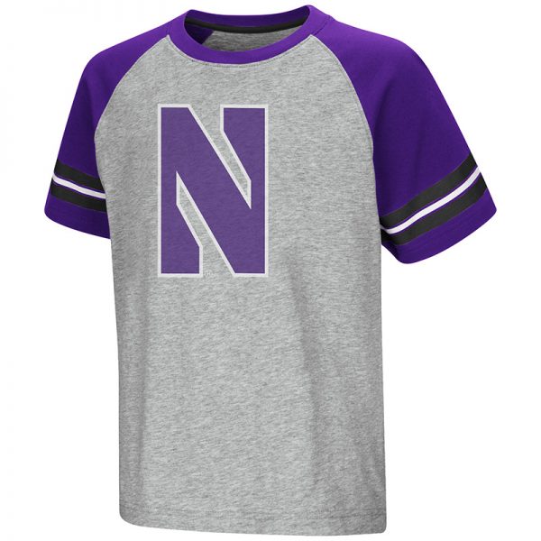 Northwestern University Wildcats Colosseum Youth Heather Grey/ Purple Bertram S/S Raglan T-Shirt with Stylized N Design