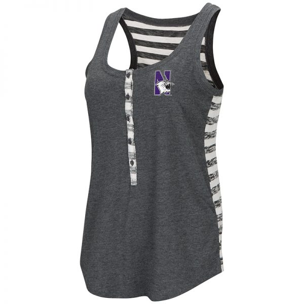 Northwestern University Wildcats Colosseum Ladies Heather Black Central Perk Henley Tank with N-Cat Design