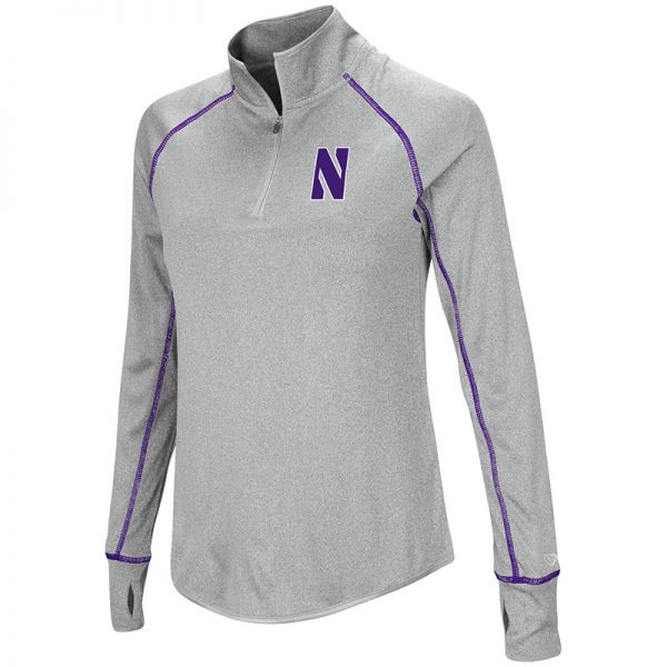 Northwestern University Wildcats Colosseum Ladies Heather Grey Kit 1/4 Zip Pullover with Stylized N Design