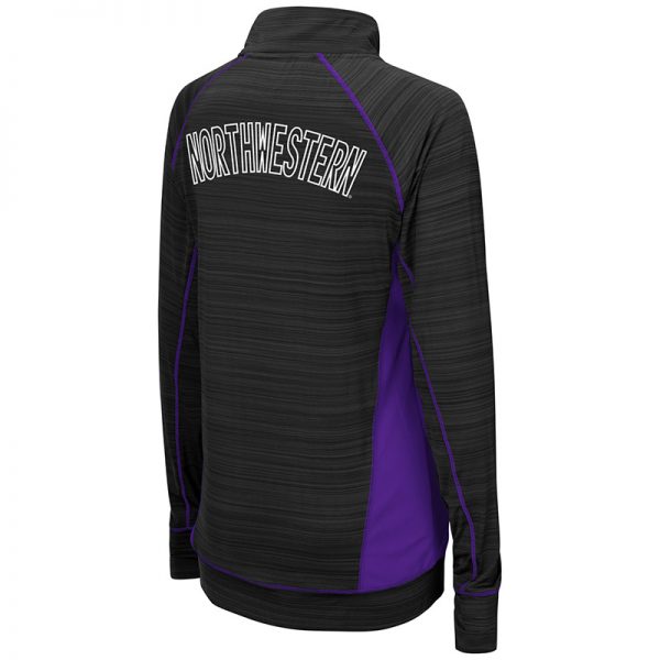 Northwestern University Wildcats Colosseum Ladies Black / Pop Purple Apothecary 1/4 Zip Windshirt with N-Cat Design-Back