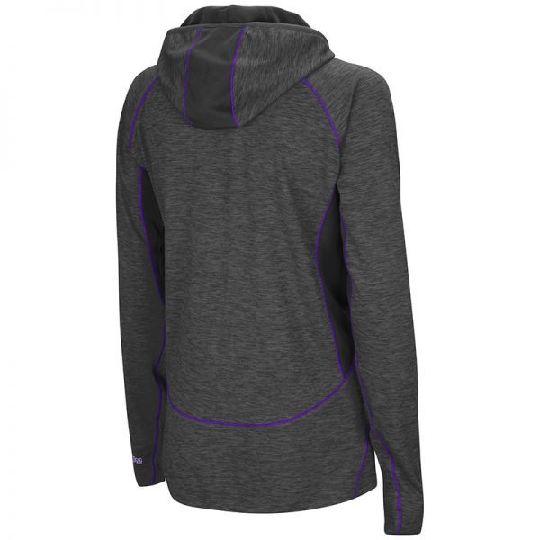 Northwestern University Wildcats Colosseum Ladies Heather Charcoal / Solid Charcoal Capo Ferro 1/4 Hooded Windshirt with N-Cat Design-Back