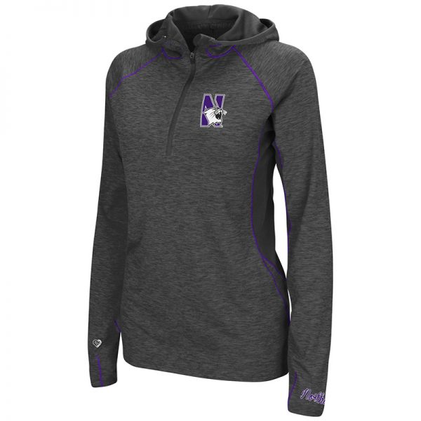 Northwestern University Wildcats Colosseum Ladies Heather Charcoal / Solid Charcoal Capo Ferro 1/4 Hooded Windshirt with N-Cat Design