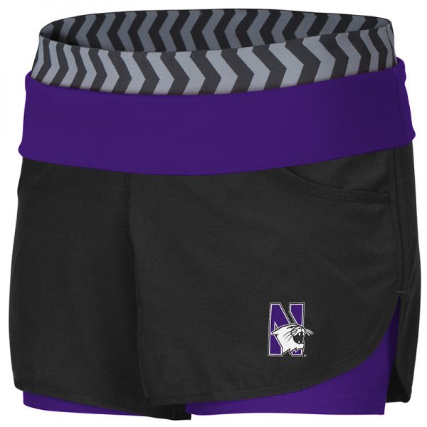 Northwestern University Wildcats Colosseum Ladies Black / Pop Purple Over Me Strepurpleh Woven Shorts with N-Cat Design