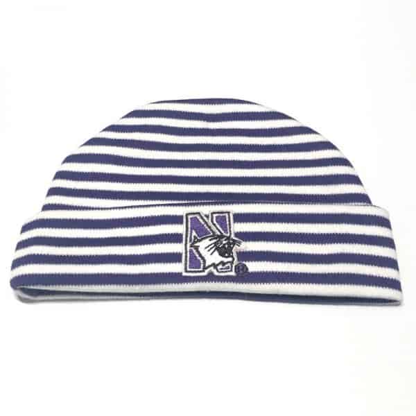Northwestern University Wildcats Purple/White Stripped Newborn Knit Cap With N-Cat Design