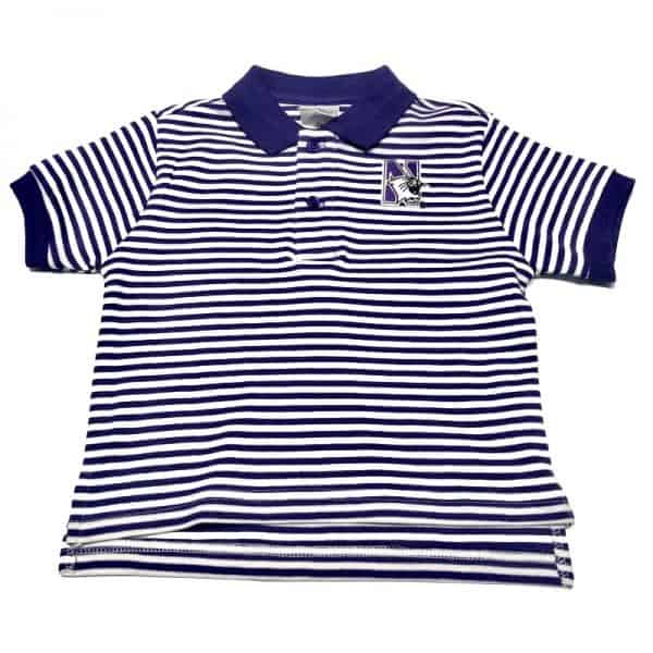 Northwestern University Wildcats Purple & White Stripped Polo Shirt With Embroidered N-Cat Design