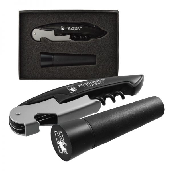 Northwestern University Wildcats Wine Opener and Vaccum Stopper Set With N-Cat Design