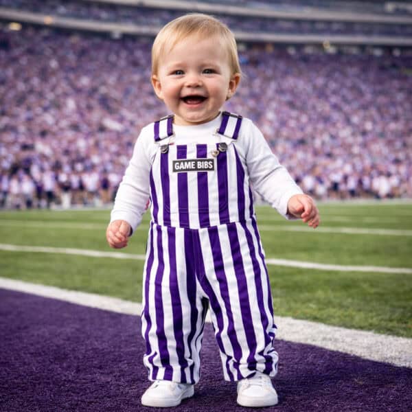 Infant Purple/White Striped Game Bib Overalls - Image 4