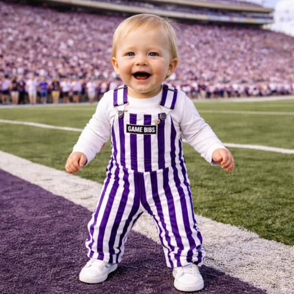 Infant Purple/White Striped Game Bib Overalls - Image 3