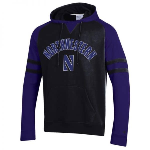 Northwestern University Wildcats Champion Men's Black Pullover Hockey Hooded Sweatshirt with Arch & Stylized N Design