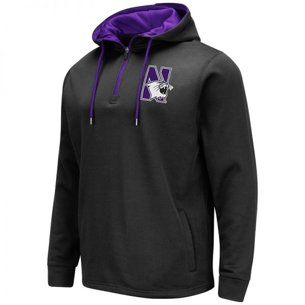 Northwestern University Wildcats Colosseum Men's Black VF Poly Fleece 1/4 Zip Hooded Sweatshirt with N-Cat Design