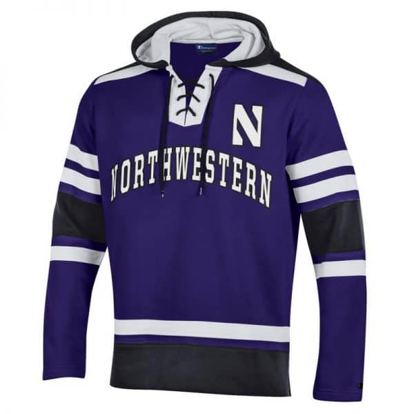Northwestern University Wildcats Champion Men's Purple Pullover Hockey Hooded Sweatshirt with Arch & Stylized N Design