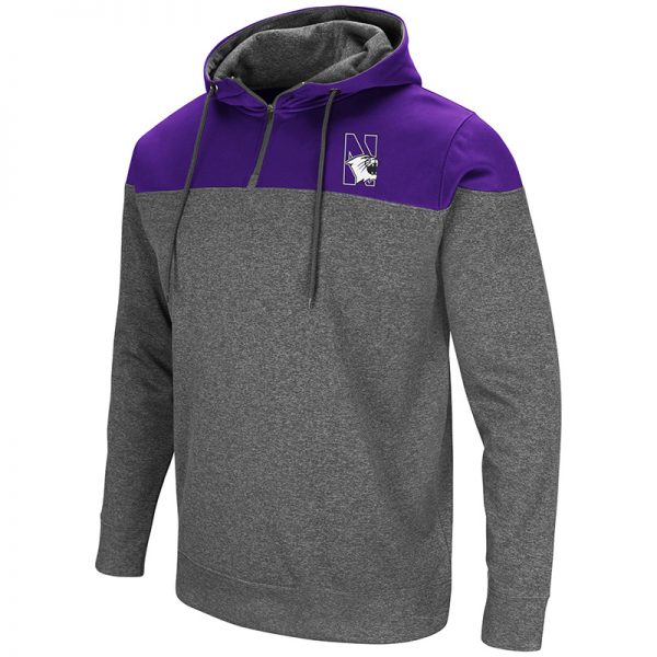 Northwestern University Wildcats Colosseum Men's Heather Charcoal/Purple Top Gun 1/4 Zip Hoodie with N-Cat Design