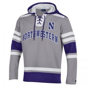 Northwestern University Wildcats Champion Men's Grey Pullover Hockey Hooded Sweatshirt with Arch & Stylized N Design