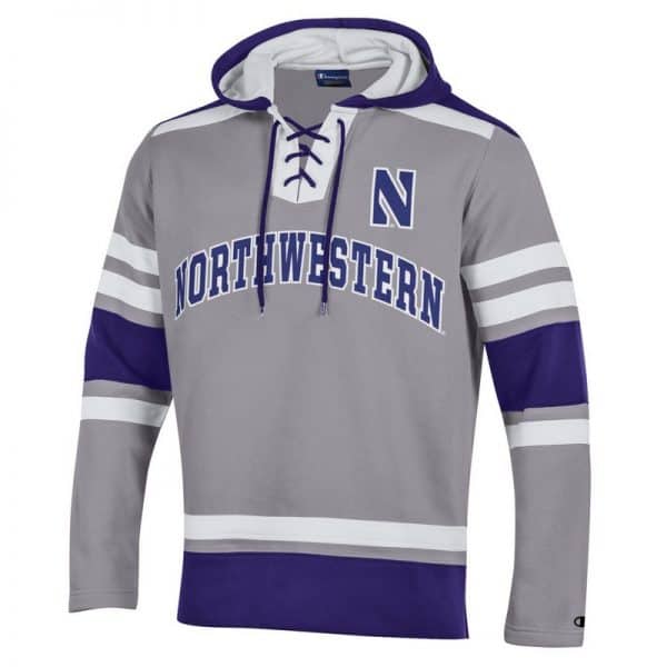 Northwestern University Wildcats Champion Men's Grey Pullover Hockey Hooded Sweatshirt with Arch & Stylized N Design
