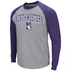 Northwestern University Wildcats Colosseum Men's Heather Grey/Purple Raglan L/S T-Shirt with Arched Northwestern & N-Cat Design