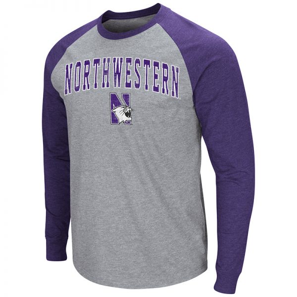 Northwestern University Wildcats Colosseum Men's Heather Grey/Purple Raglan L/S T-Shirt with Arched Northwestern & N-Cat Design
