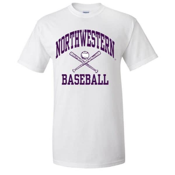 Northwestern University Wildcats White Short Sleeve Tee Shirt with Baseball Design
