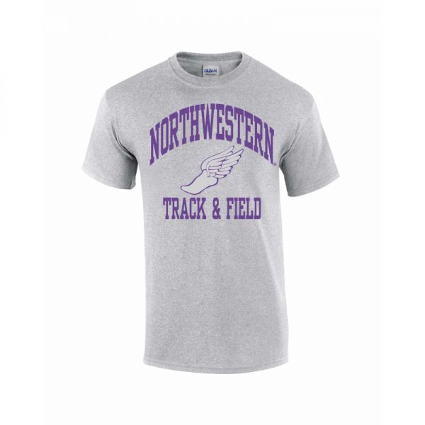 NW0541 Northwestern University Wildcats Grey Short Sleeve Tee Shirt with Track & Field Design