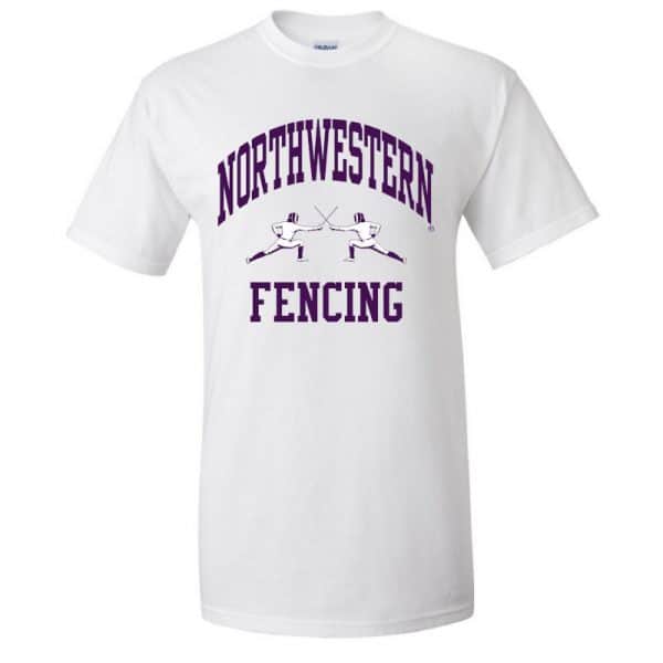 Northwestern University Wildcats White Short Sleeve Tee Shirt with Fencing Design