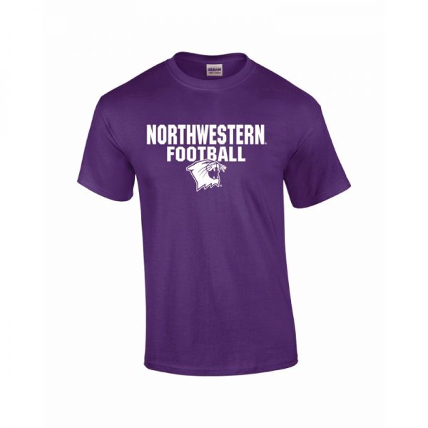 Northwestern University Wildcats Purple Short Sleeve Tee Shirt with Football Wildcat Design