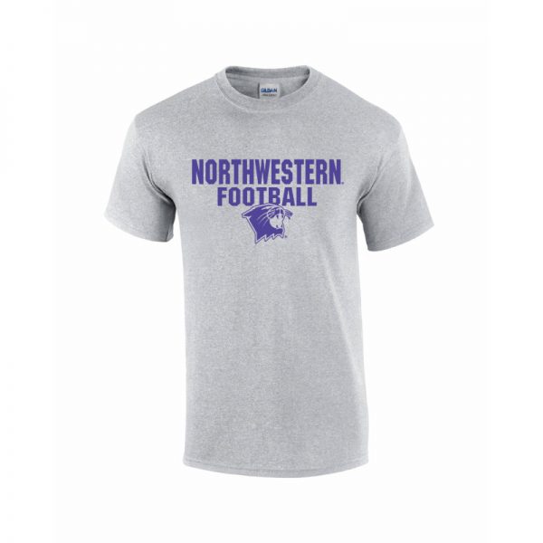 Northwestern University Wildcats Grey Short Sleeve Tee Shirt with Football Wildcat Design