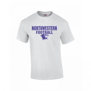 Northwestern University Wildcats White Short Sleeve Tee Shirt with Football Wildcat Design