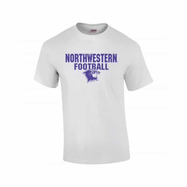Northwestern University Wildcats White Short Sleeve Tee Shirt with Football Wildcat Design