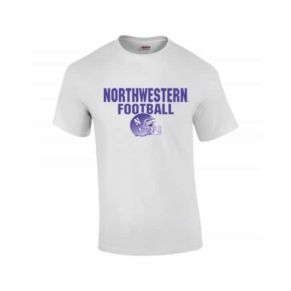 Northwestern University Wildcats White Short Sleeve Tee Shirt with Football Helmet Design
