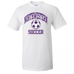 NW2862 Northwestern University Wildcats White Short Sleeve Tee Shirt with Soccer Design