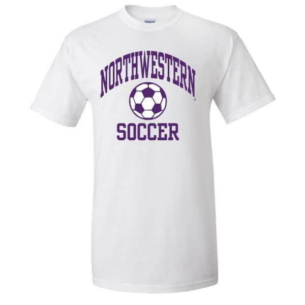 NW2862 Northwestern University Wildcats White Short Sleeve Tee Shirt with Soccer Design