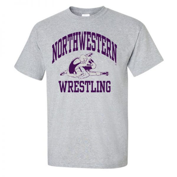 NW2881 Northwestern University Wildcats Grey Short Sleeve Tee Shirt with Wrestling Design