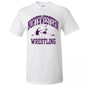 NW2882 Northwestern University Wildcats White Short Sleeve Tee Shirt with Wrestling Design
