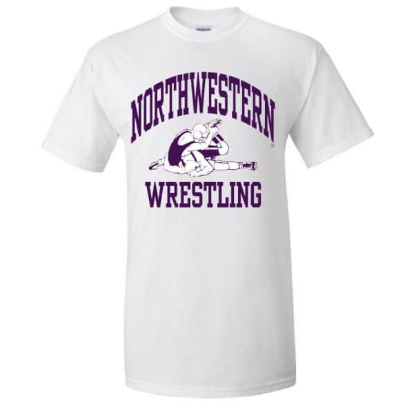 NW2882 Northwestern University Wildcats White Short Sleeve Tee Shirt with Wrestling Design
