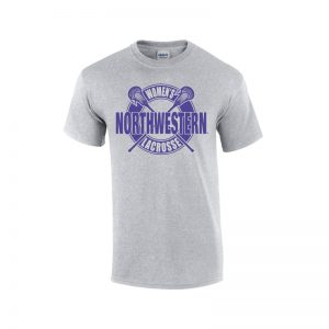 NW2901 Northwestern University Wildcats Grey Short Sleeve Tee Shirt with Women's Lacrosse Design
