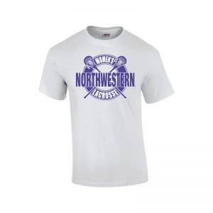 NW2902 Northwestern University Wildcats White Short Sleeve Tee Shirt with Women's Lacrosse Design