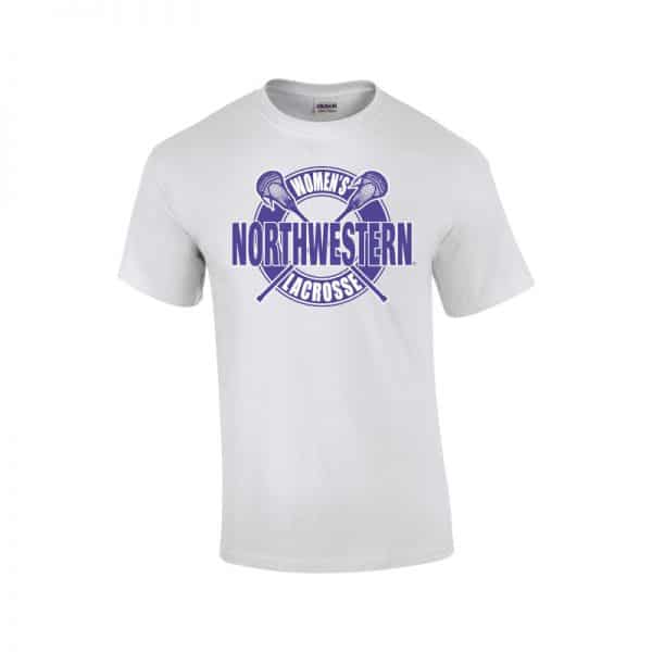 NW2902 Northwestern University Wildcats White Short Sleeve Tee Shirt with Women's Lacrosse Design