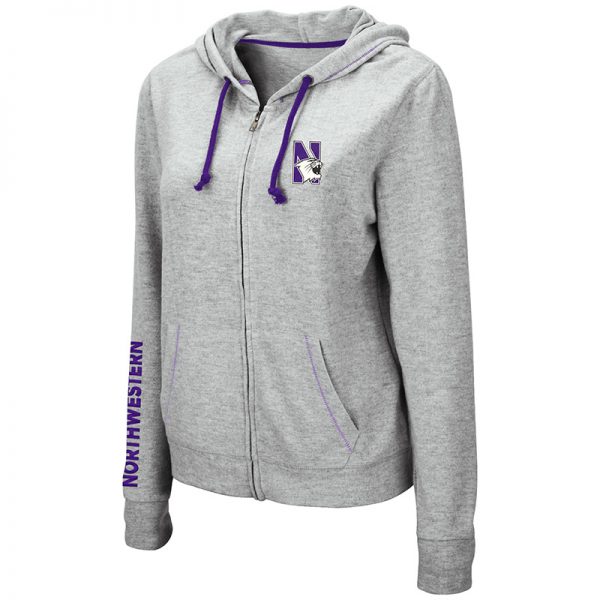 Northwestern University Wildcats Ladies Colosseum Supersoft Triblend Grey Zip-hood Sweatshirt With Left Chest Embroidered N-Cat Design