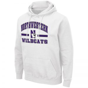 Northwestern University Wildcats Colosseum Men's White Hooded Sweatshirt With Appliqué Embroidered Northwestern Over N-Cat Bar Design