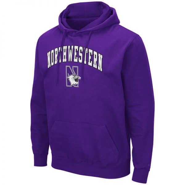 Northwestern University Wildcats Colosseum Men's Purple Hooded Sweatshirt With Appliqué Embroidered Arched Northwestern Over N-Cat Design