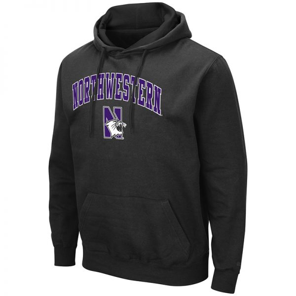 Northwestern University Wildcats Colosseum Men's Black Hooded Sweatshirt With Appliqué Embroidered Arched Northwestern Over N-Cat Design