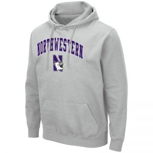 Northwestern University Wildcats Colosseum Men's Silver Hooded Sweatshirt With Appliqué Embroidered Arched Northwestern Over N-Cat Design