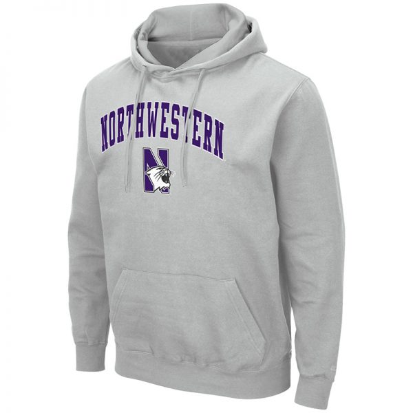 Northwestern University Wildcats Colosseum Men's Silver Hooded Sweatshirt With Appliqué Embroidered Arched Northwestern Over N-Cat Design