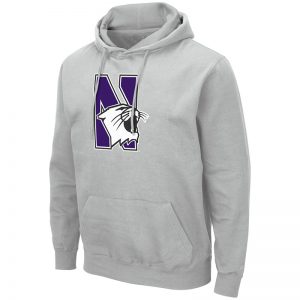 Northwestern University Wildcats Colosseum Men's Silver Hooded Sweatshirt With Appliqué Embroidered N-Cat Design