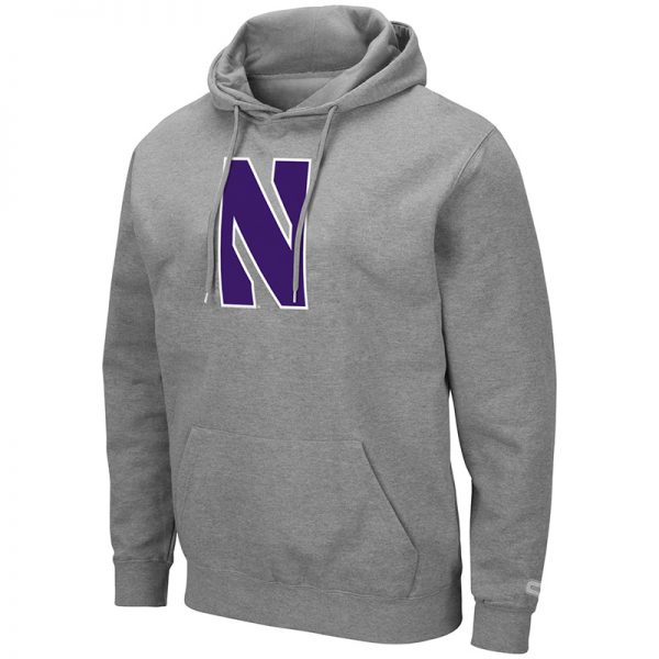 Northwestern University Wildcats Colosseum Men's Heather Grey Hooded Sweatshirt With Appliqué Embroidered Stylized N Design