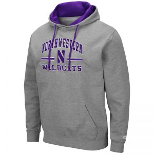 Northwestern University Wildcats Colosseum Men's Heather Grey Hooded Sweatshirt With Appliqué Embroidered Northwestern Over N Bar Design