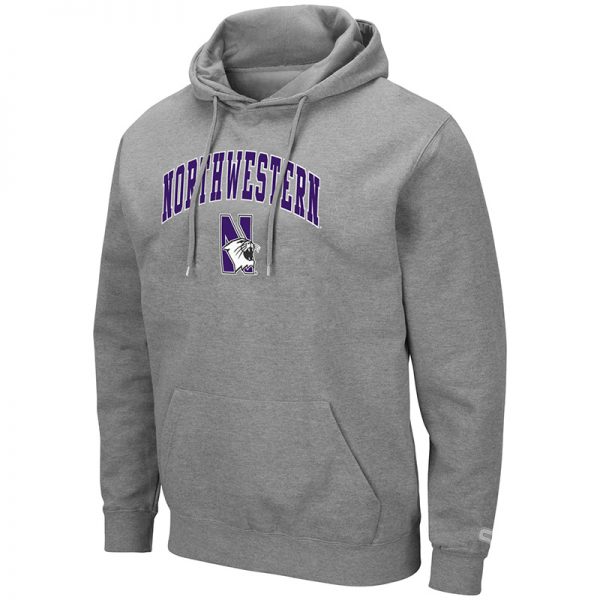 Northwestern University Wildcats Colosseum Men's Heather Grey Hooded Sweatshirt With Appliqué Embroidered Arched Northwestern Over N-Cat Design
