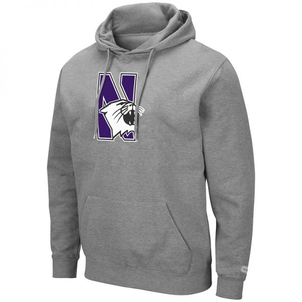 Northwestern University Wildcats Colosseum Men's Heather Grey Hooded Sweatshirt With Appliqué Embroidered N-Cat Design